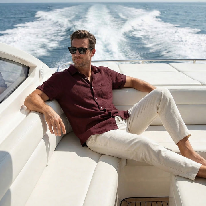 Lightweight casual linen set for men with button placket and pockets