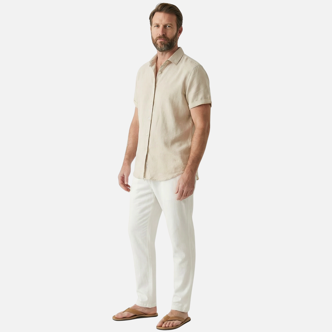 Lightweight casual linen set for men with button placket and pockets