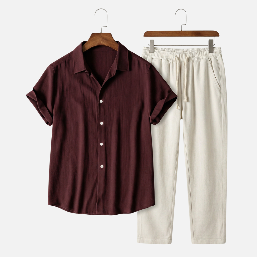 Lightweight casual linen set for men with button placket and pockets