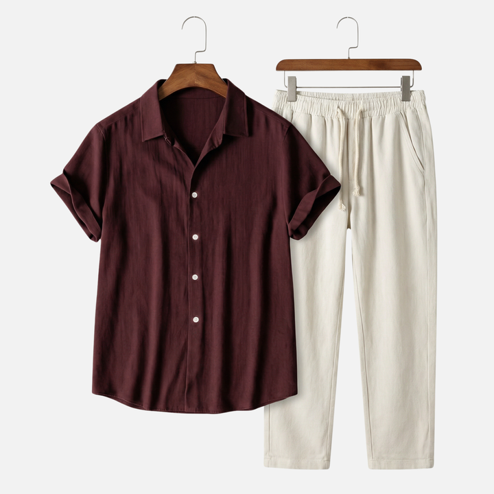 Lightweight casual linen set for men with button placket and pockets