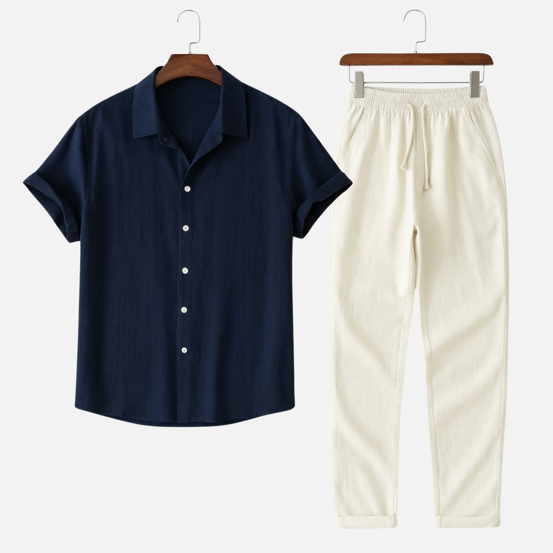 Lightweight casual linen set for men with button placket and pockets