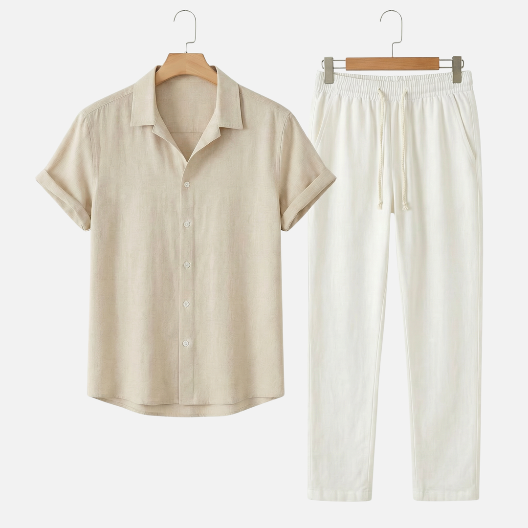 Lightweight casual linen set for men with button placket and pockets