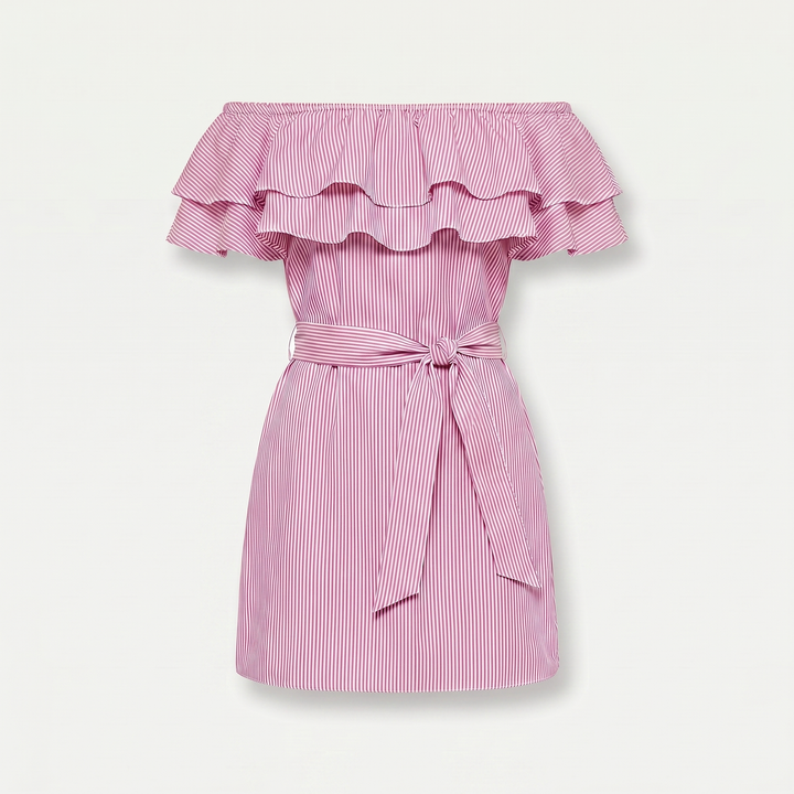 Vestido mini de algodón en línea A sin hombros con volantes para mujer