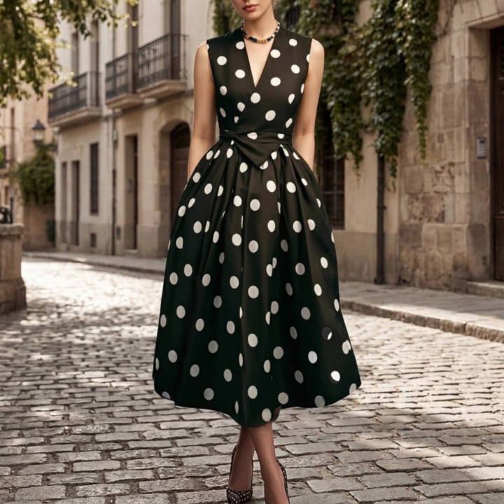 A-line satin midi dress with polka dot pattern and V-neck for women