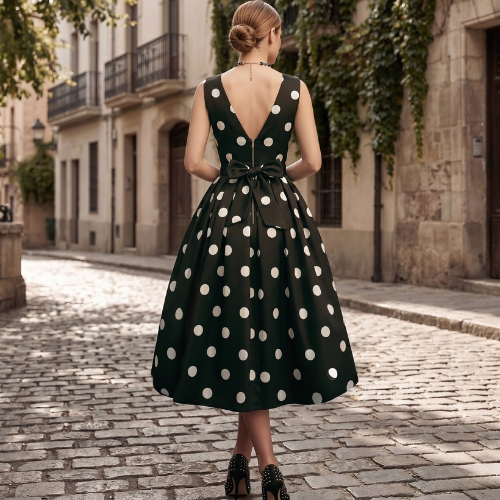 A-line satin midi dress with polka dot pattern and V-neck for women