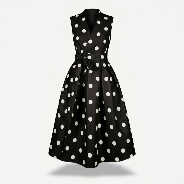 A-line satin midi dress with polka dot pattern and V-neck for women