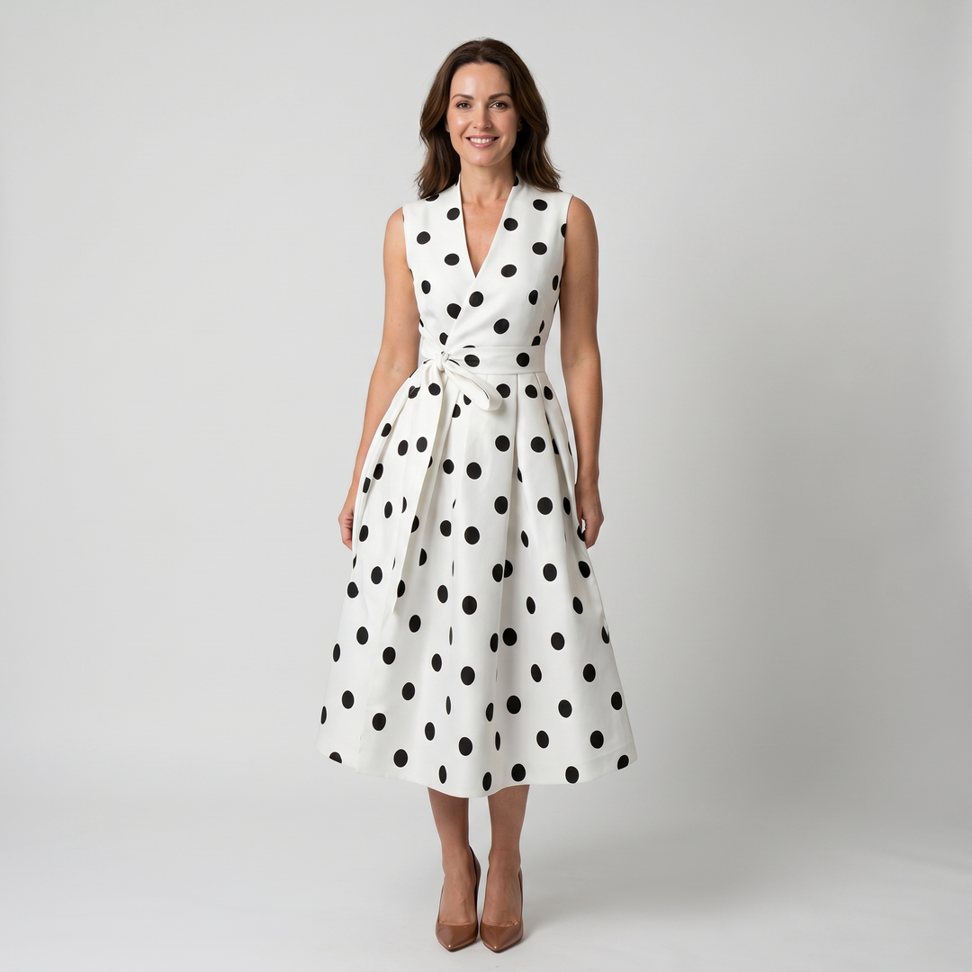 A-line satin midi dress with polka dot pattern and V-neck for women