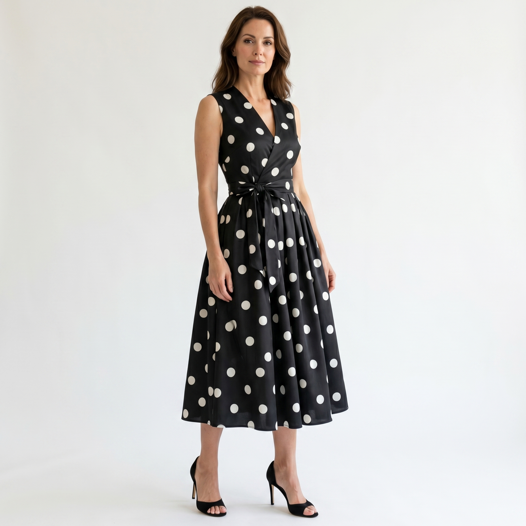 A-line satin midi dress with polka dot pattern and V-neck for women