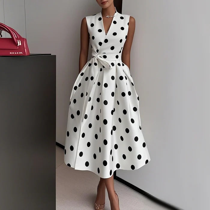 A-line satin midi dress with polka dot pattern and V-neck for women