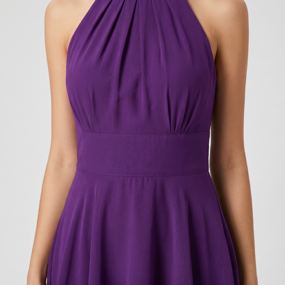 Abito corto in chiffon con collo alto e gonna a balze da donna