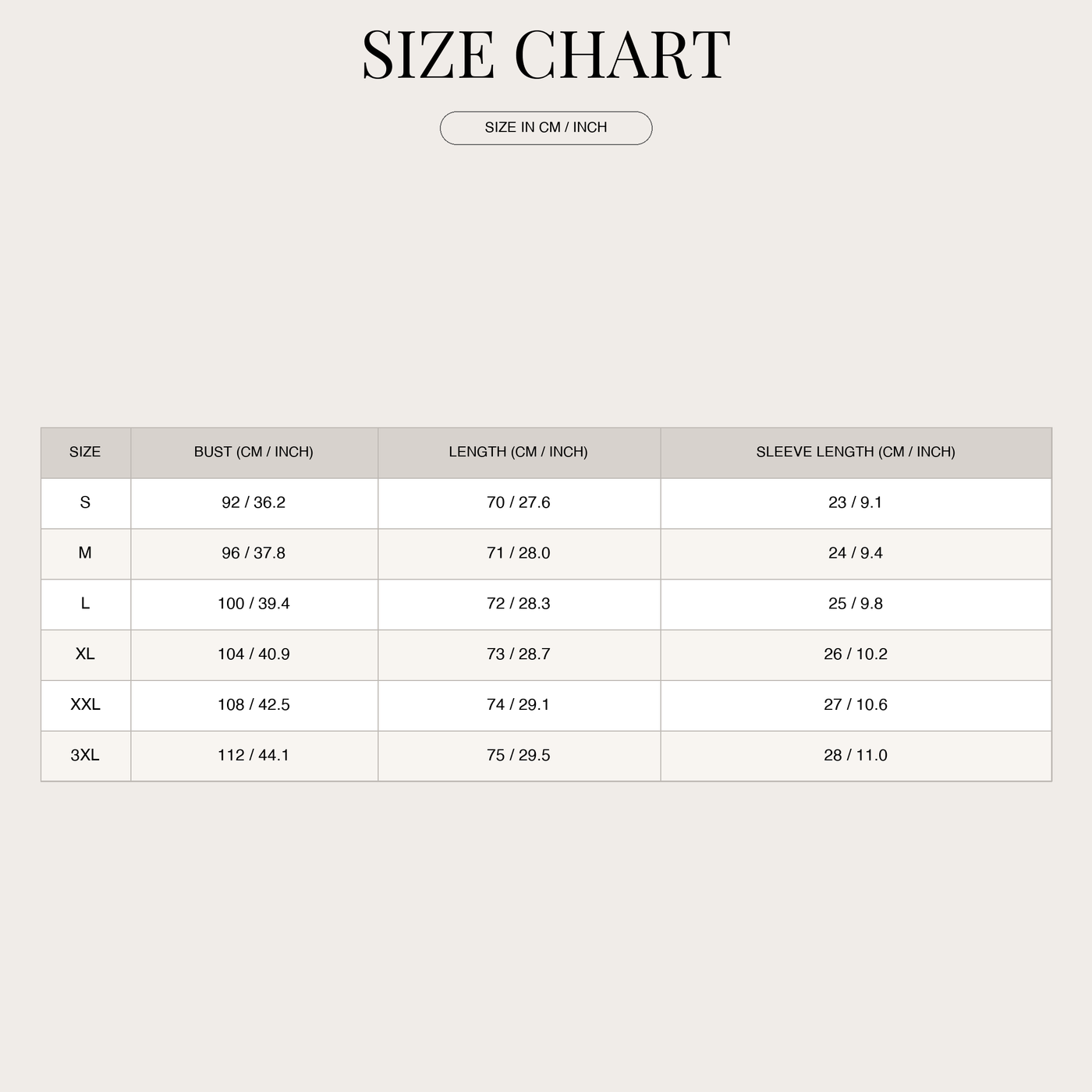 Casual relaxed fit blouse for women size chart