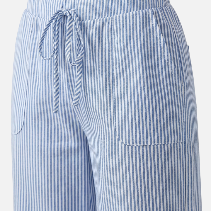 Breathable striped summer pants with drawstring and pockets for women