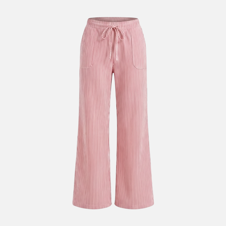 Breathable striped summer pants with drawstring and pockets for women