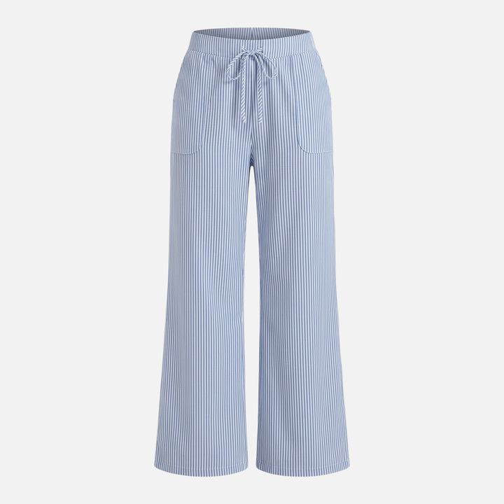 Breathable striped summer pants with drawstring and pockets for women