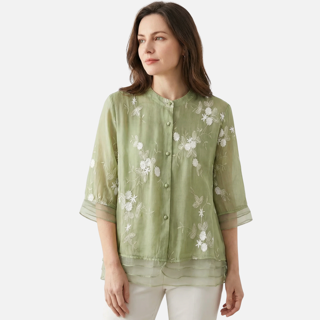 Top de algodón transpirable – Corte casual con bordado floral para mujer