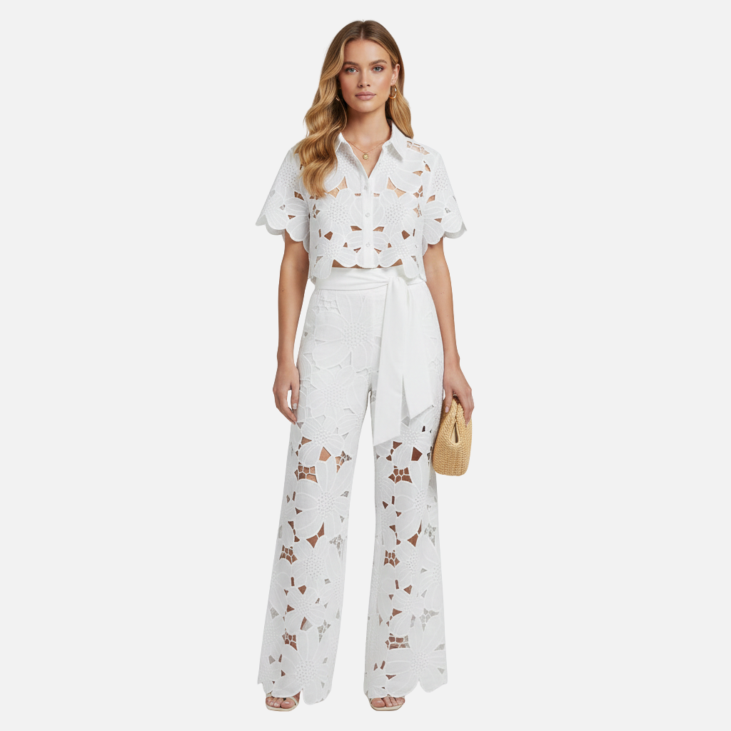 Embroidered two-piece set with button placket and wide-leg pants for women