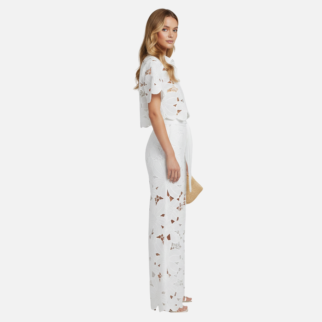 Embroidered two-piece set with button placket and wide-leg pants for women