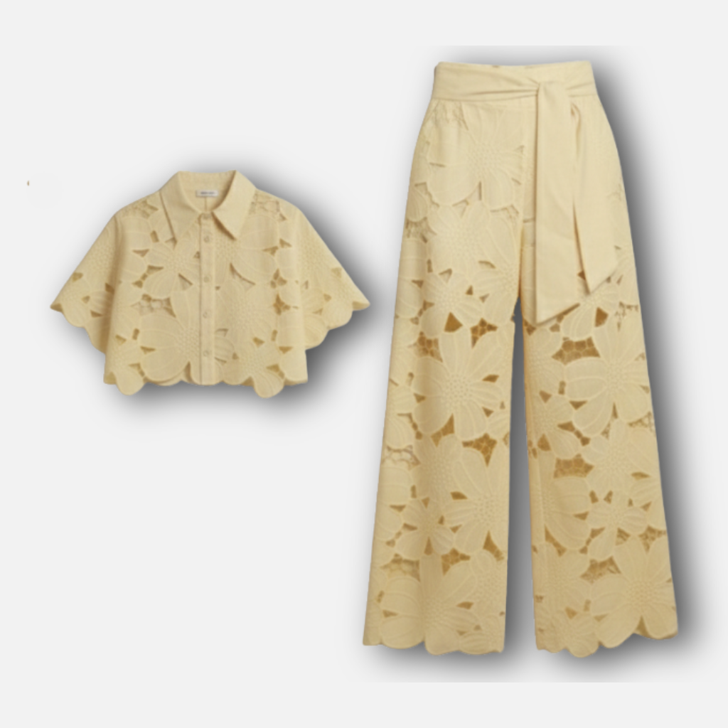 Embroidered two-piece set with button placket and wide-leg pants for women