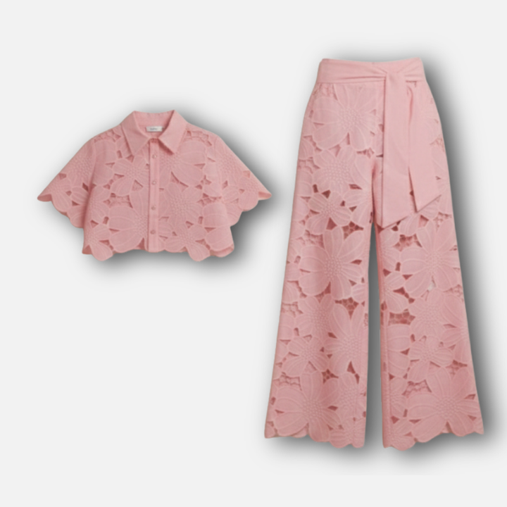 Embroidered two-piece set with button placket and wide-leg pants for women
