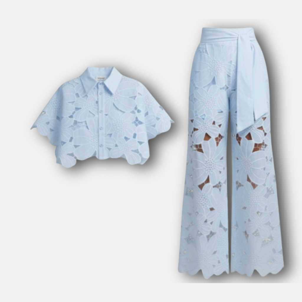 Embroidered two-piece set with button placket and wide-leg pants for women