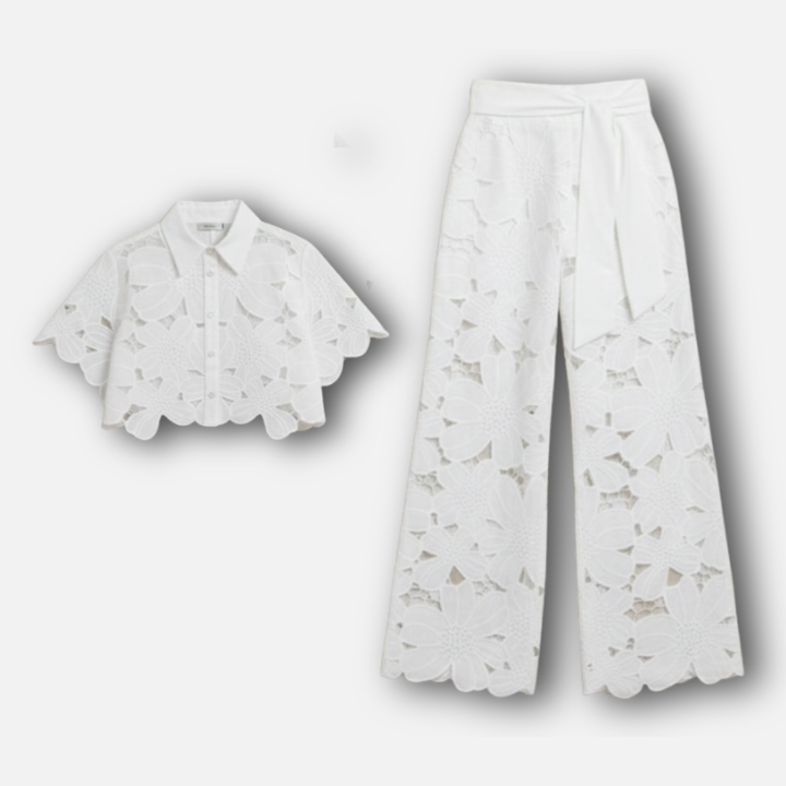 Embroidered two-piece set with button placket and wide-leg pants for women