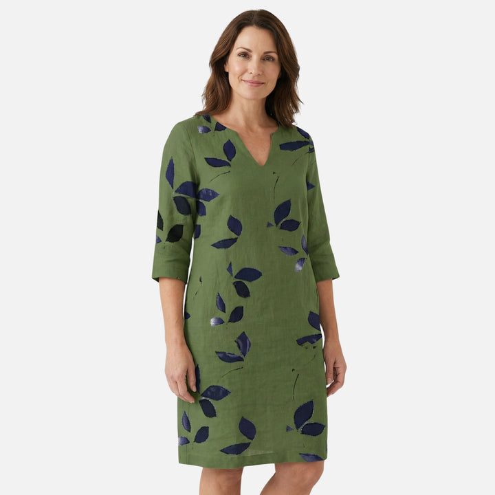 Leaf Pattern Midi Dress with V-Neck and Rolled Sleeves for Women