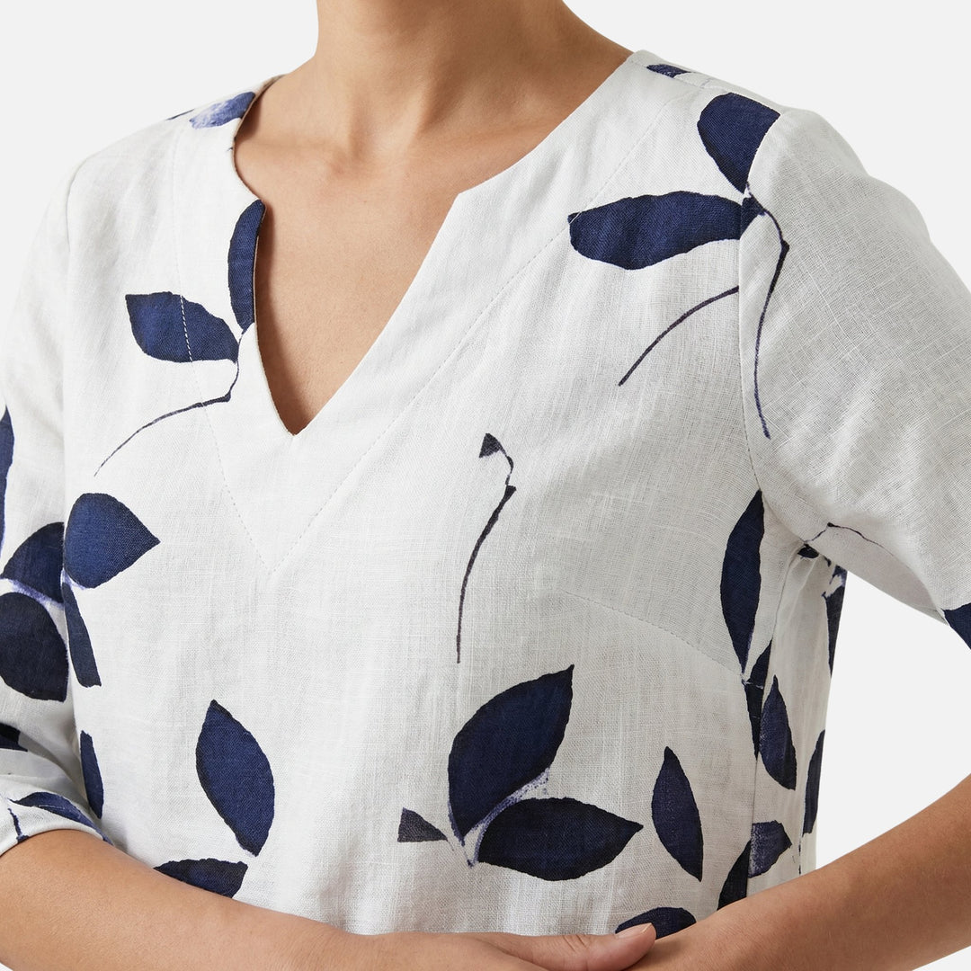Leaf Pattern Midi Dress with V-Neck and Rolled Sleeves for Women