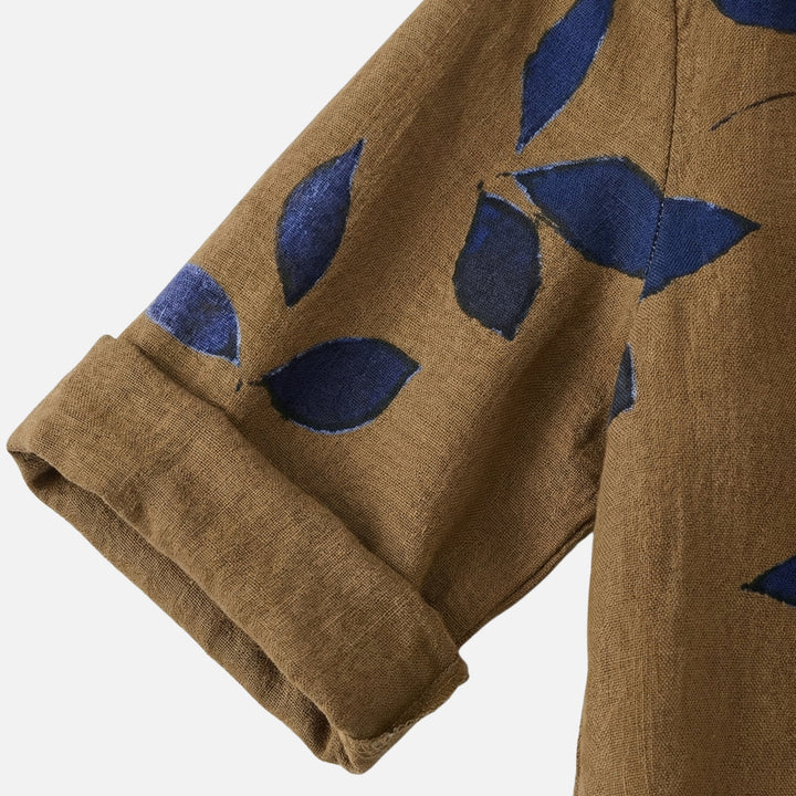 Leaf Pattern Midi Dress with V-Neck and Rolled Sleeves for Women