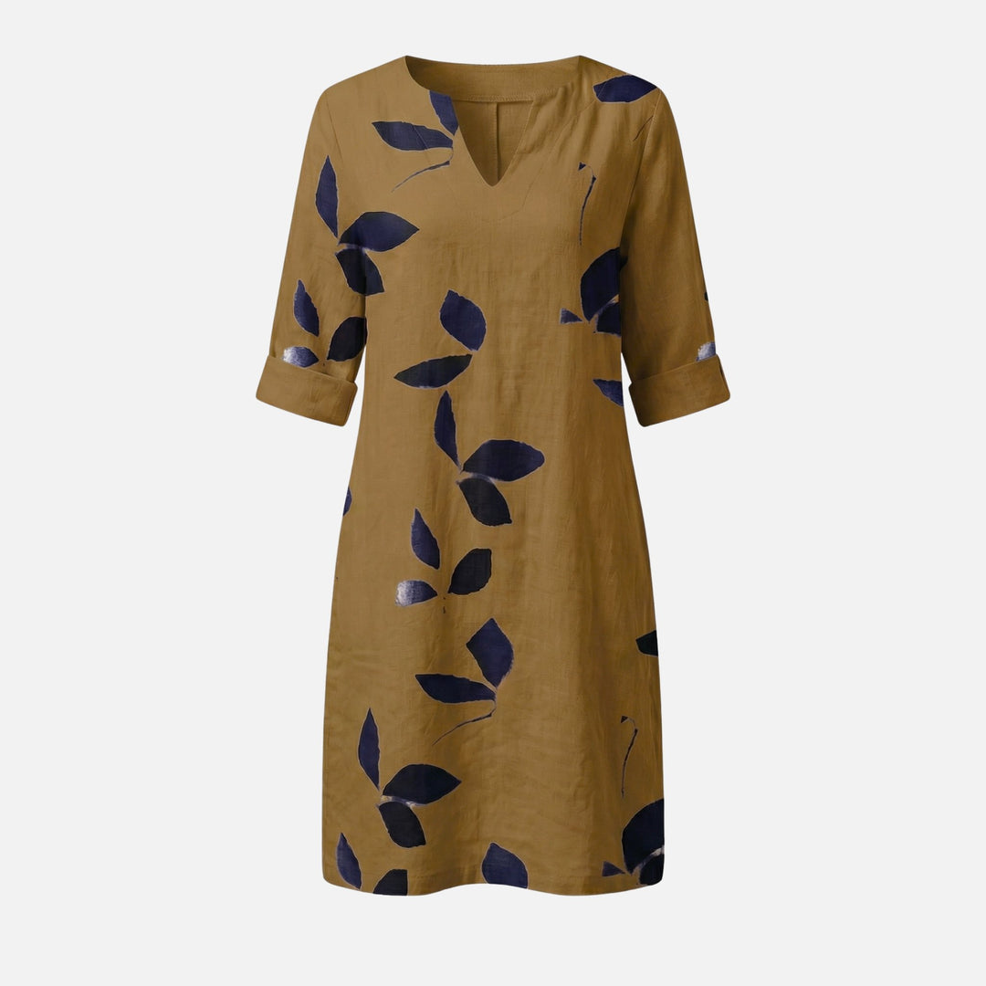 Leaf Pattern Midi Dress with V-Neck and Rolled Sleeves for Women