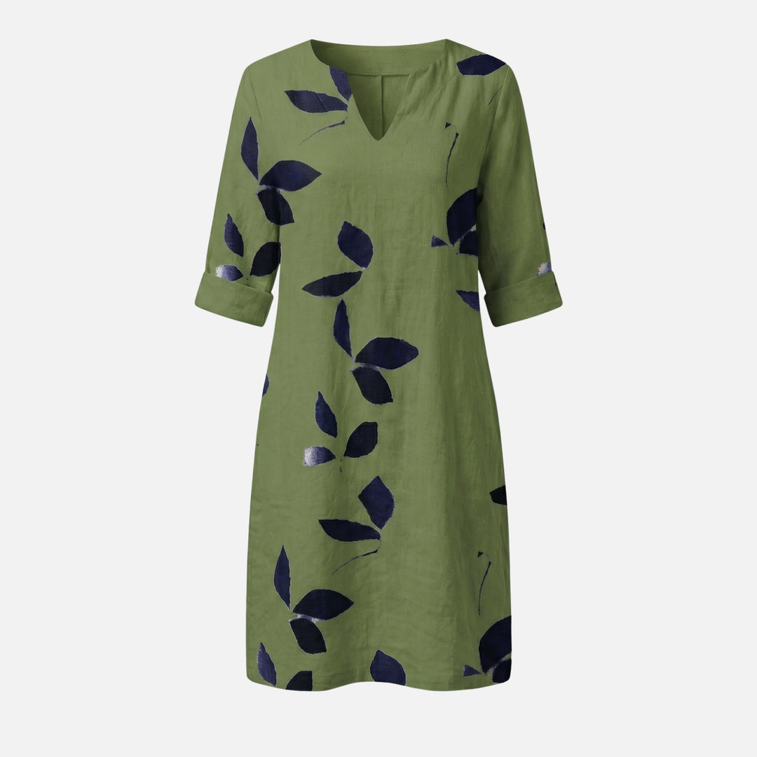 Leaf Pattern Midi Dress with V-Neck and Rolled Sleeves for Women
