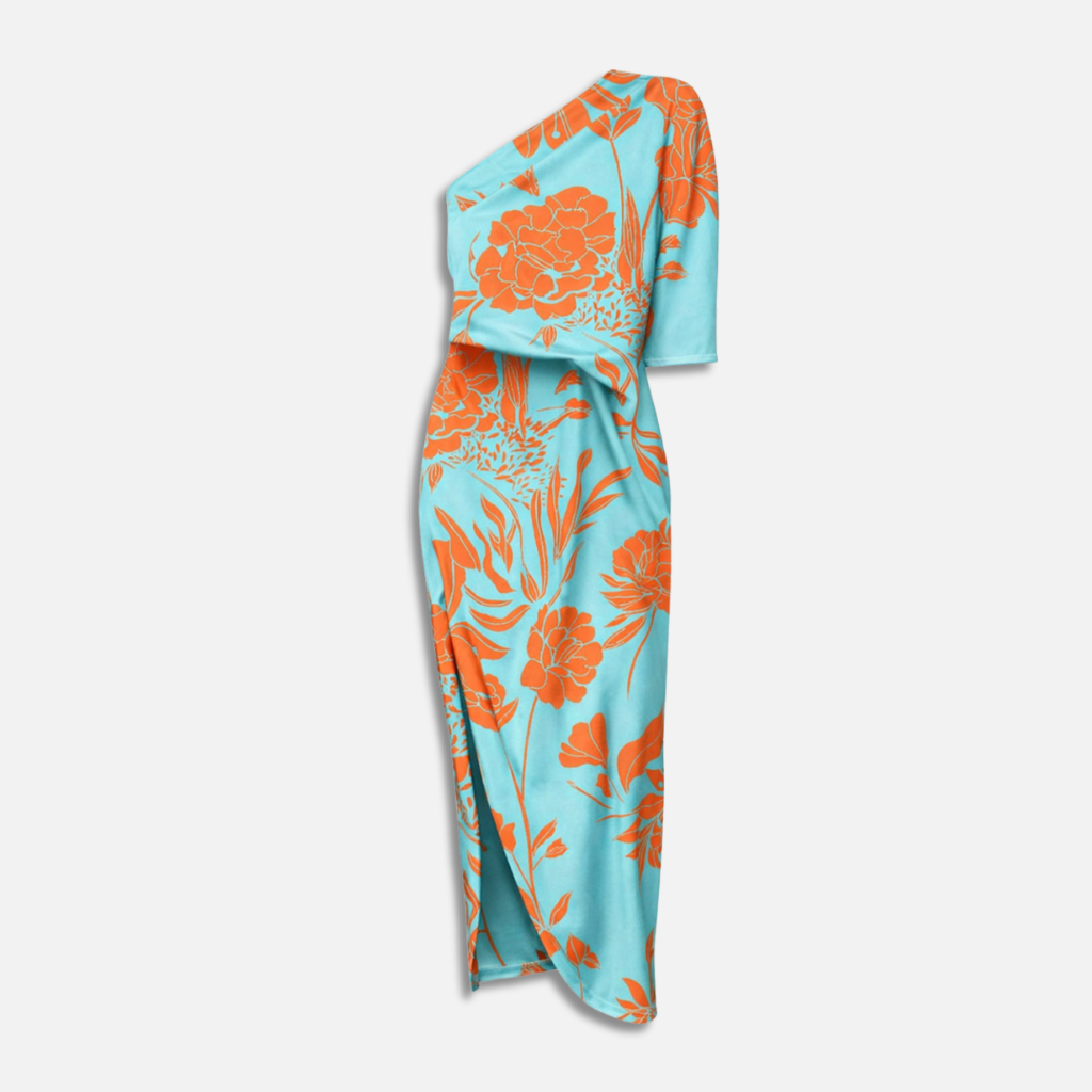 Abito maxi monospalla floreale con spacco laterale per donna