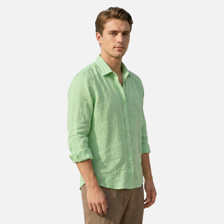 Linen shirt with button placket and roll-up sleeves for men
