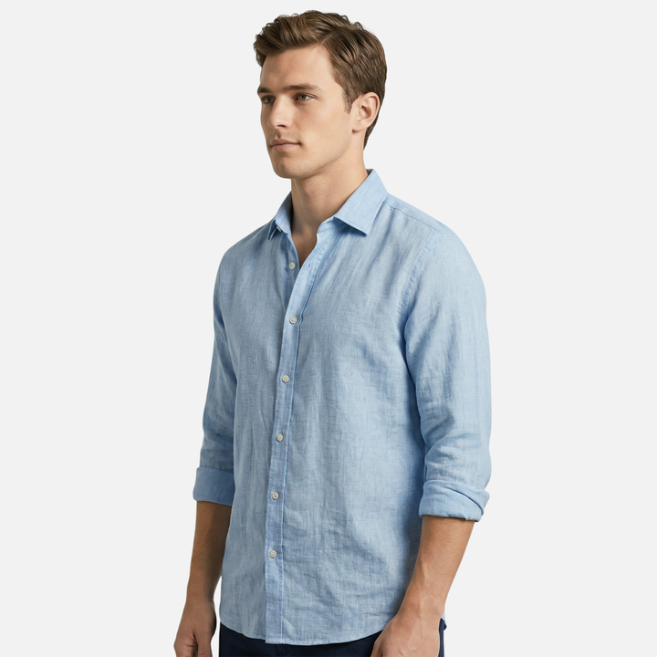 Linen shirt with button placket and roll-up sleeves for men