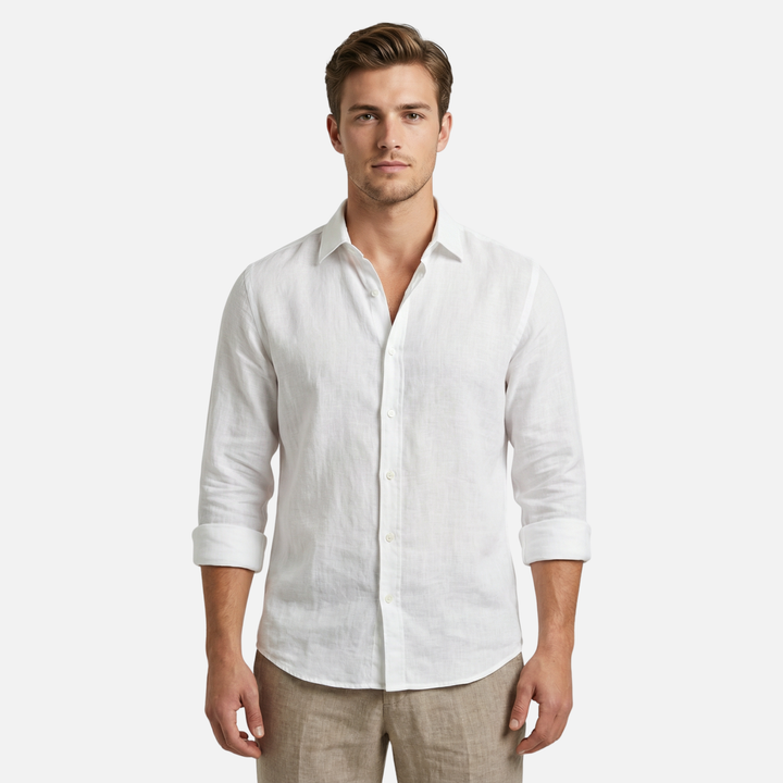 Linen shirt with button placket and roll-up sleeves for men