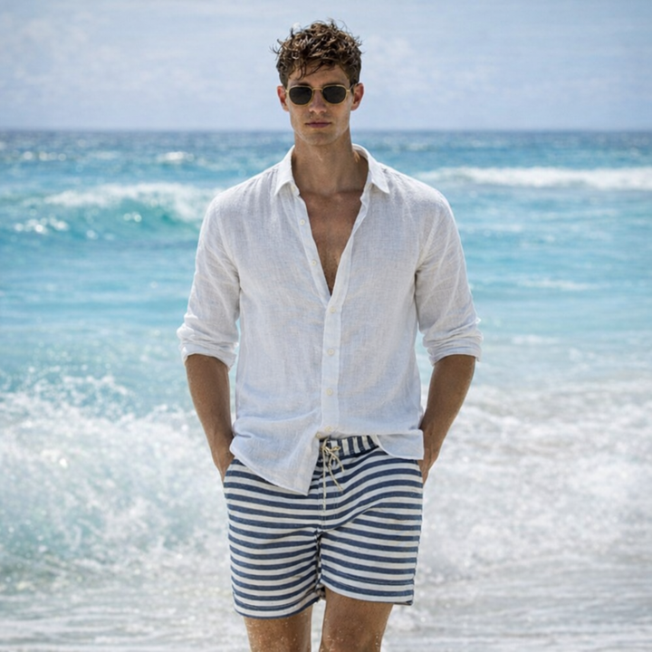 Linen shirt with button placket and roll-up sleeves for men