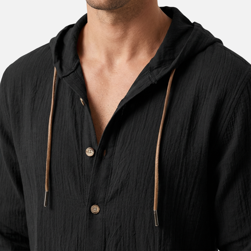 Casual linen hooded shirt relaxed fit with button placket for men
