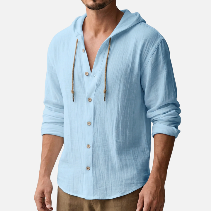 Casual linen hooded shirt relaxed fit with button placket for men