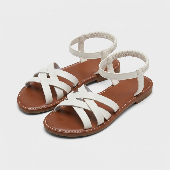 Flat cross-strap sandals with elastic ankle strap for women