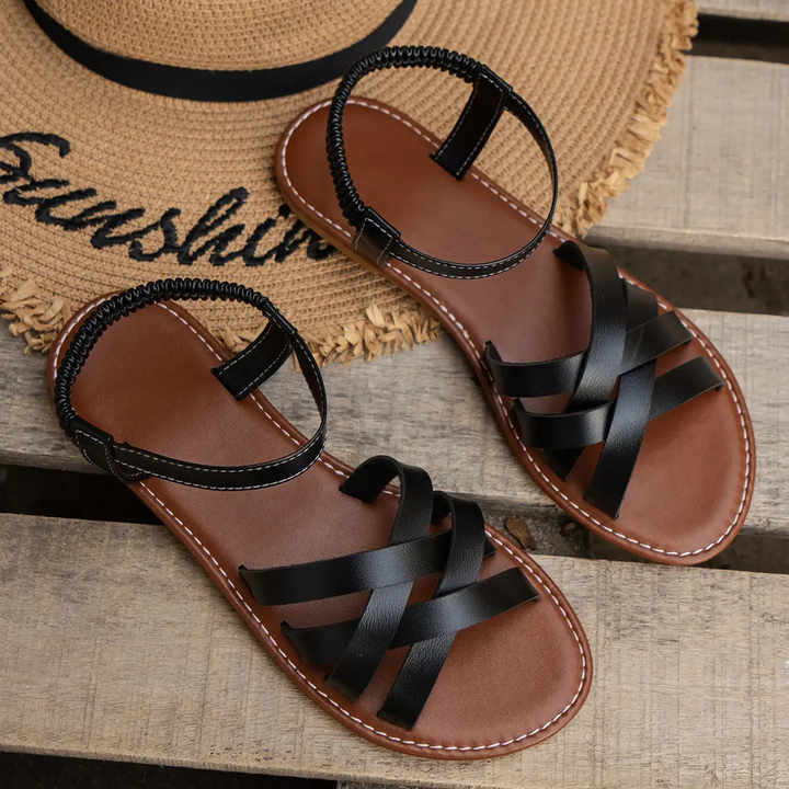 Flat cross-strap sandals with elastic ankle strap for women