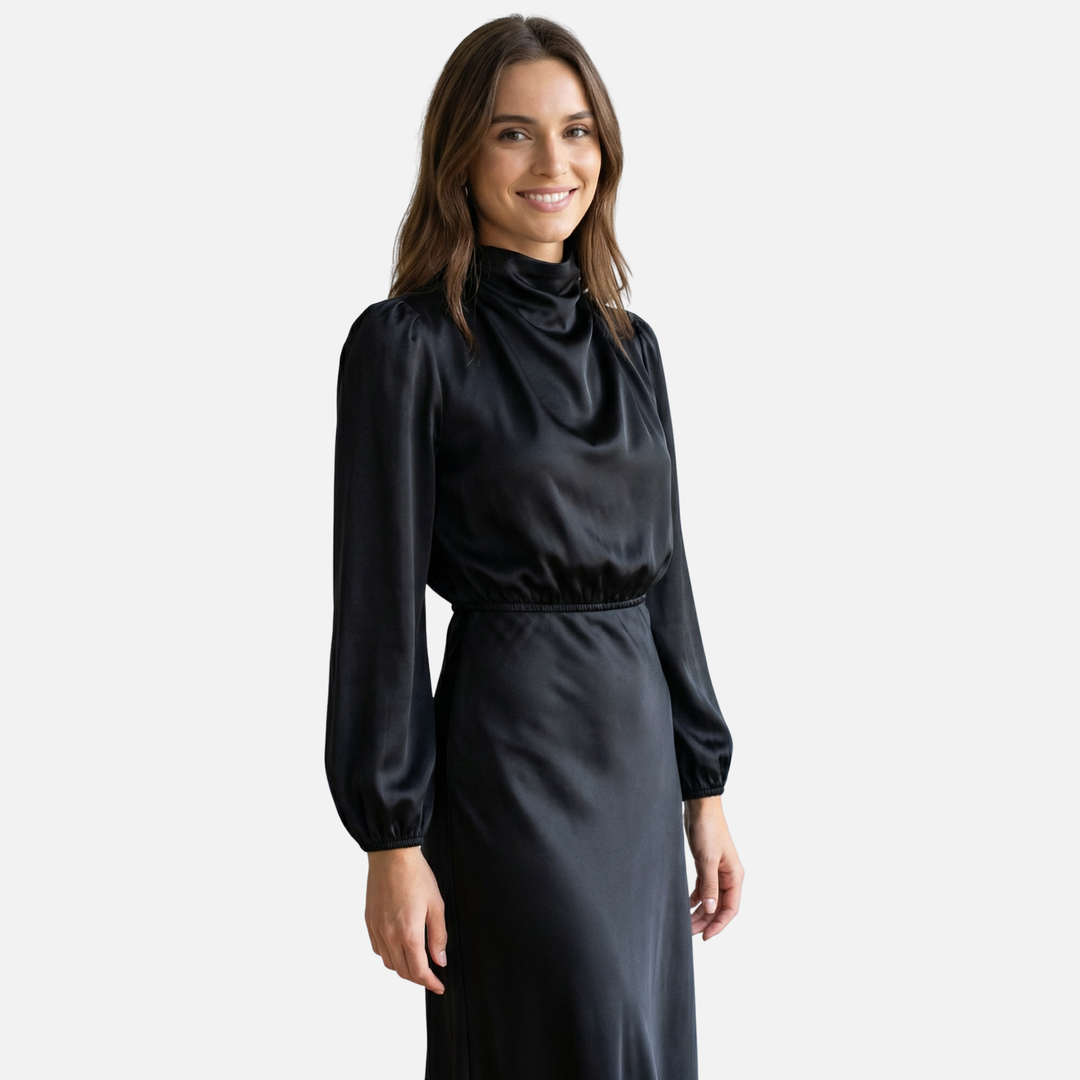 Abito midi da donna con maniche lunghe e vita alta in tessuto a trama