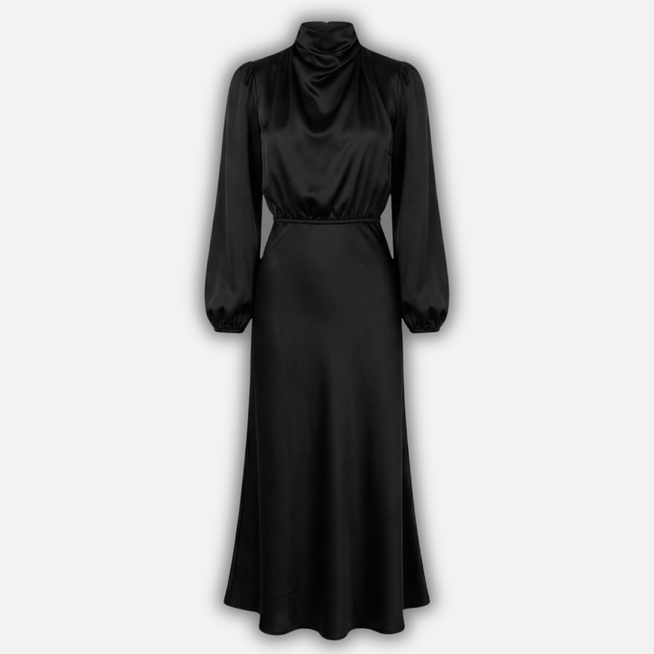 Abito midi da donna con maniche lunghe e vita alta in tessuto a trama