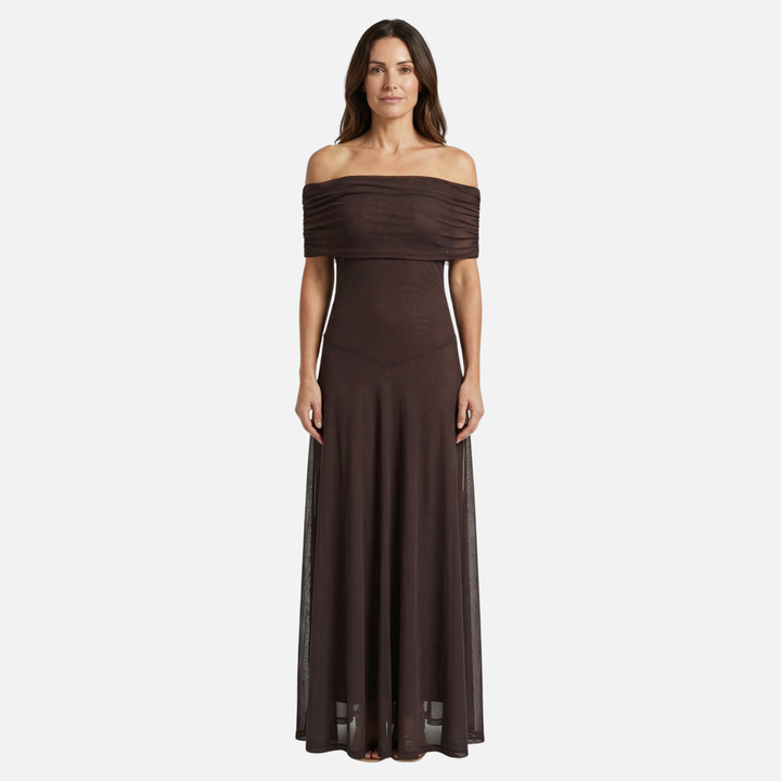 Damen-Maxikleid mit Chiffon-Overlay und geradem Ausschnitt