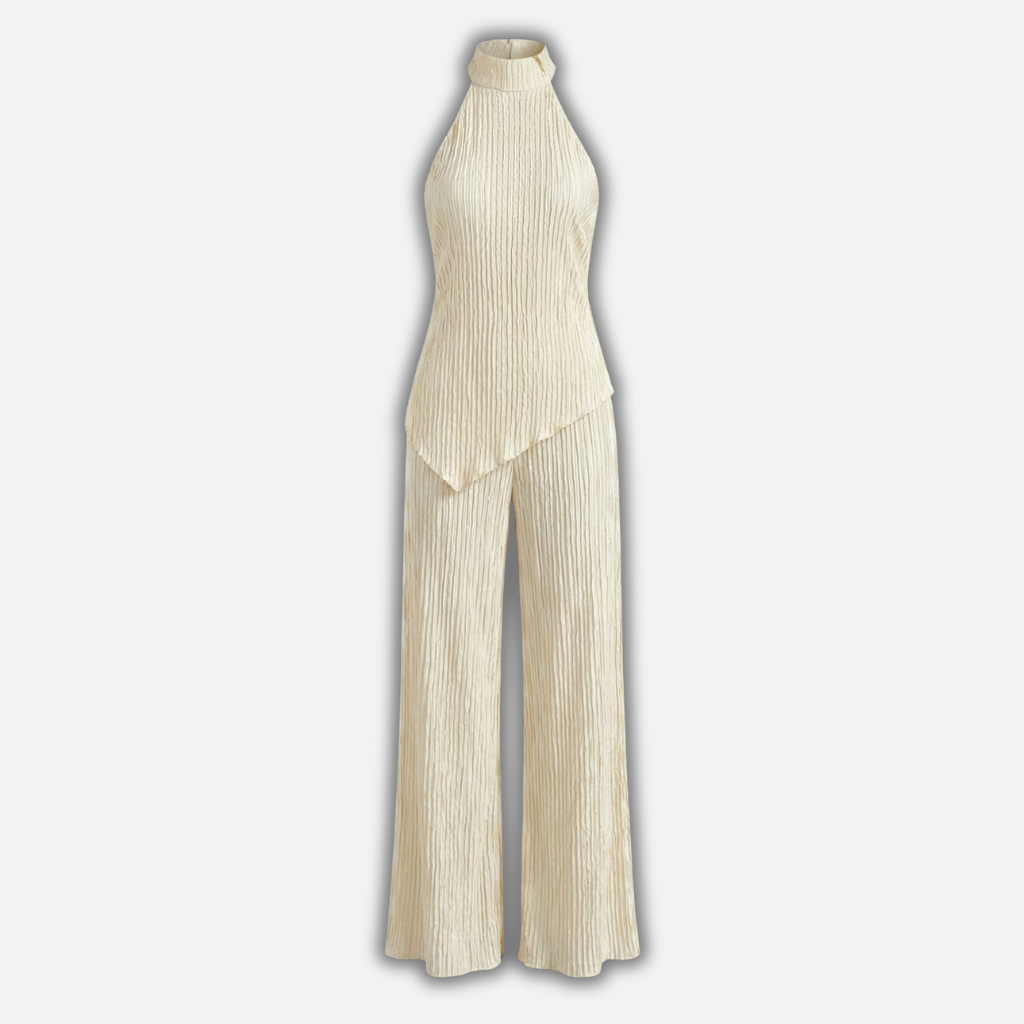 Set aus leichtem Plissee mit weiter Hose und Halterneck-Top für Damen