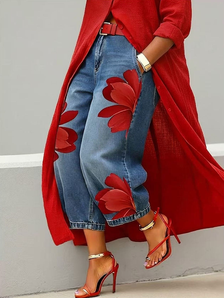 Denim floral pants with wide legs and cuffed hem for women