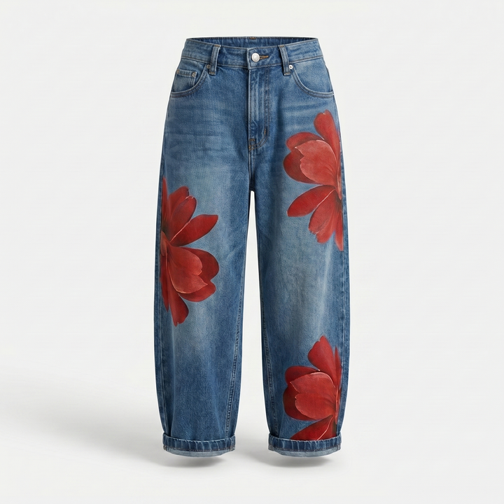 Denim floral pants with wide legs and cuffed hem for women