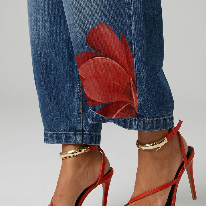 Denim floral pants with wide legs and cuffed hem for women
