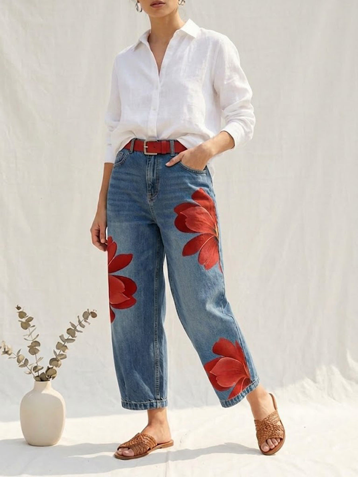 Denim floral pants with wide legs and cuffed hem for women