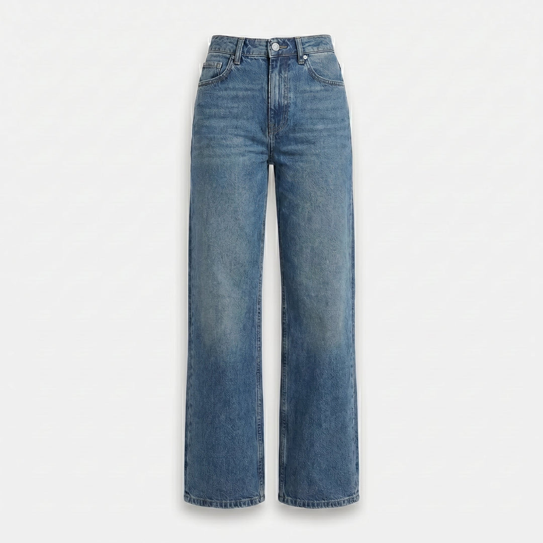 Jeans in denim a gamba larga e vita alta da donna