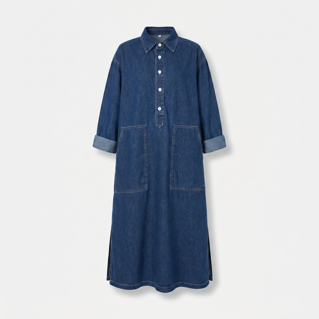 Abito lungo oversize in denim con maniche lunghe e tasche da donna