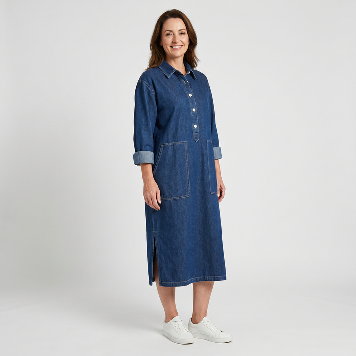 Abito lungo oversize in denim con maniche lunghe e tasche da donna